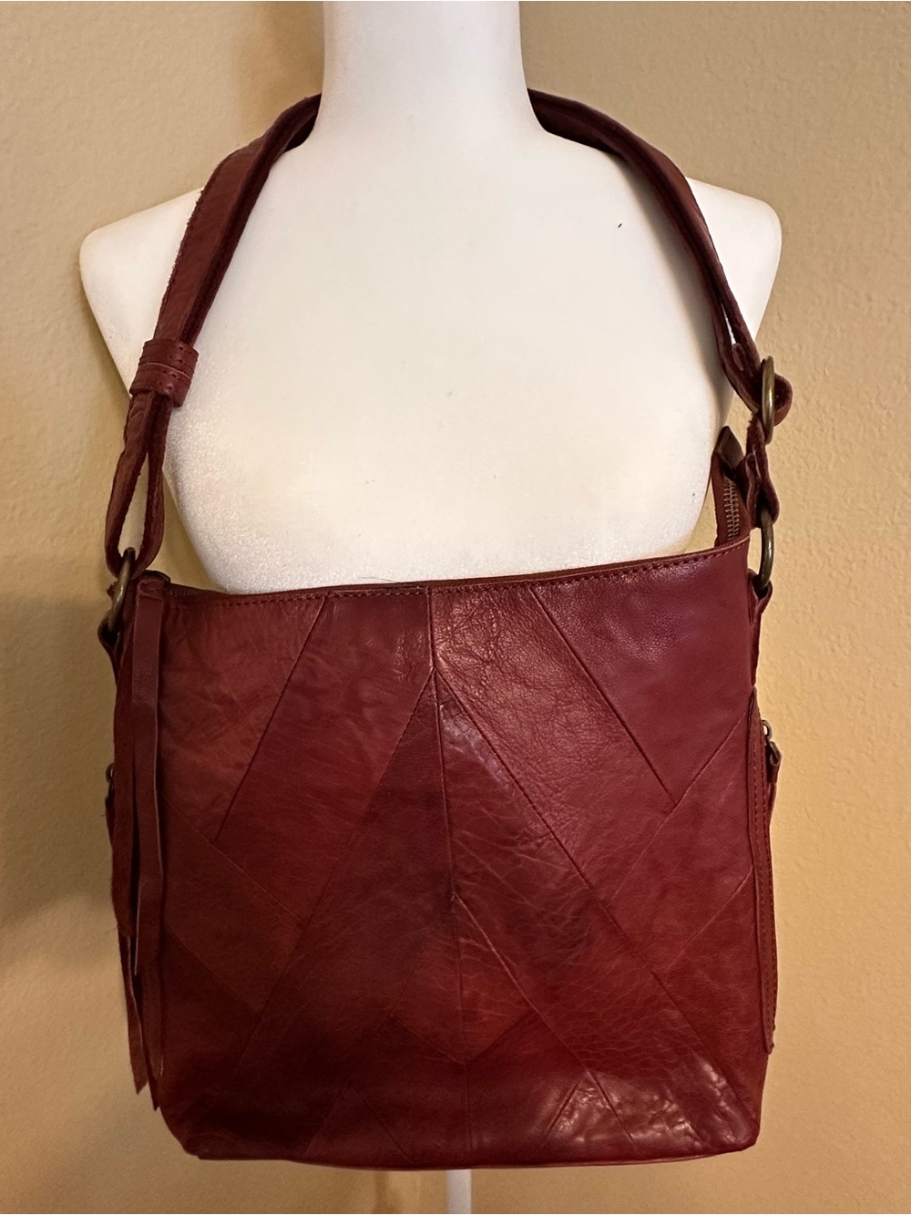 🍀 Vintage Lucky Brand "Baldwin" Burgundy Leather Patchwork Crossbody Bag 🍀